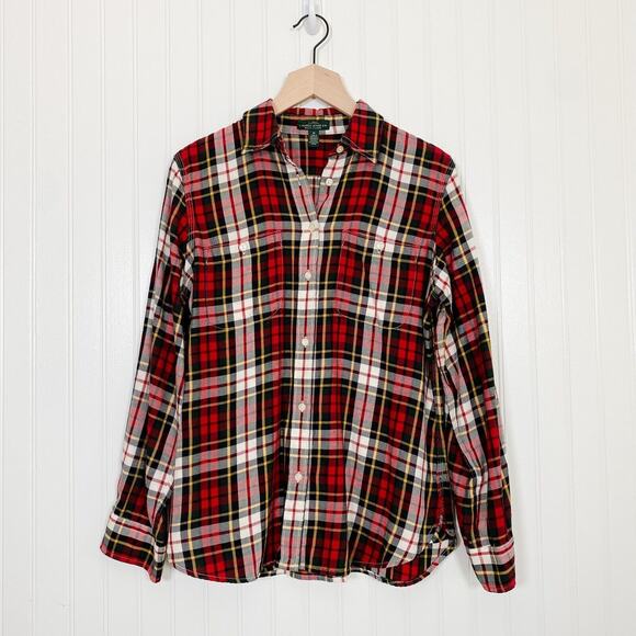LRL Ralph Lauren Womens Button Up Top Medium Plaid Flannel Western Equestrian - Picture 1 of 9